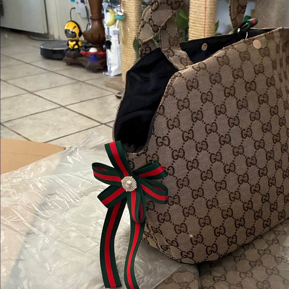 Dog carry bag Beige Patterned with Ribbon Accent - Picture 2 of 8